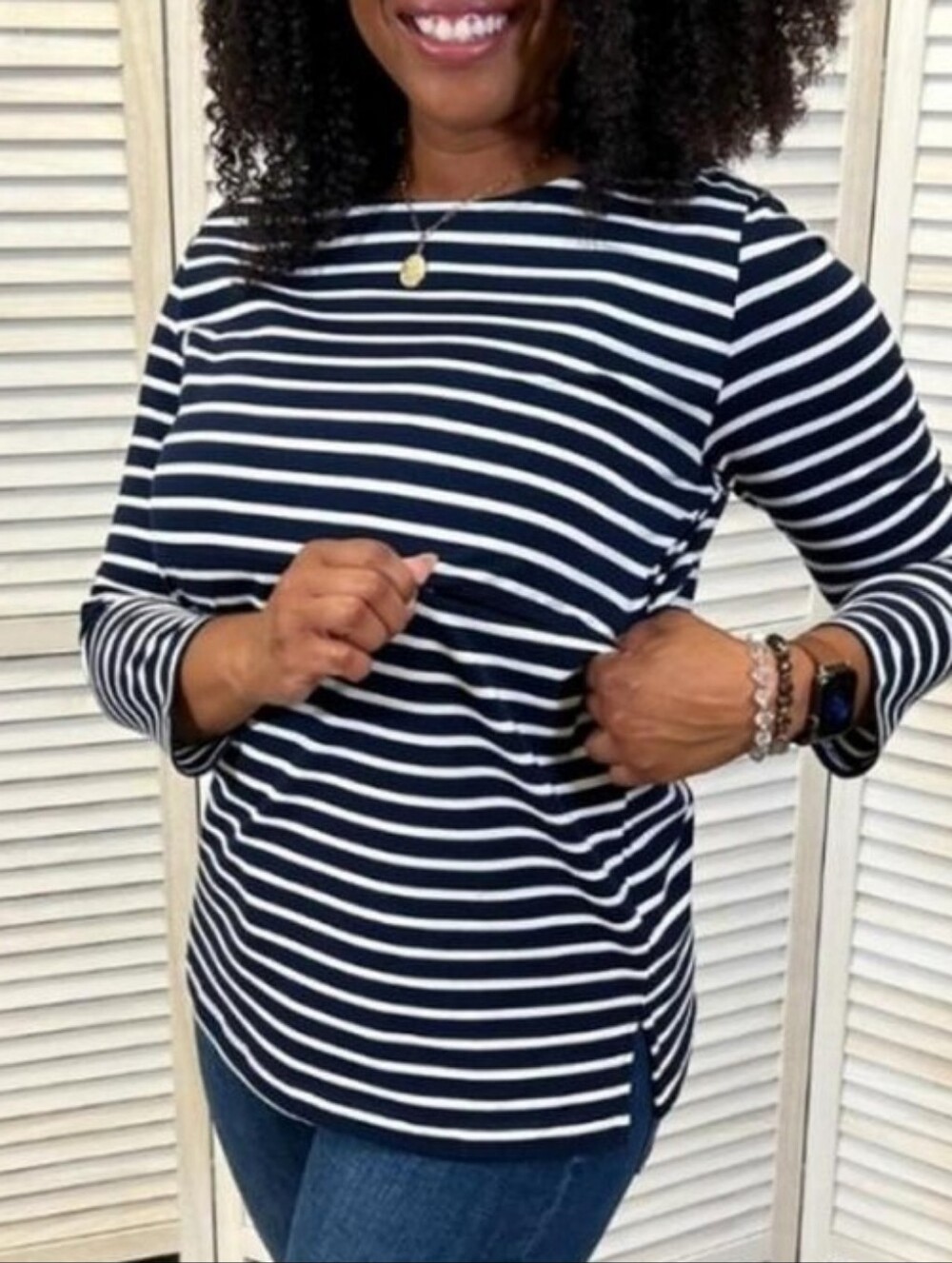 Nursing Queen Cotton Navy and White Striped 3/4 Lenth Sleeve Top